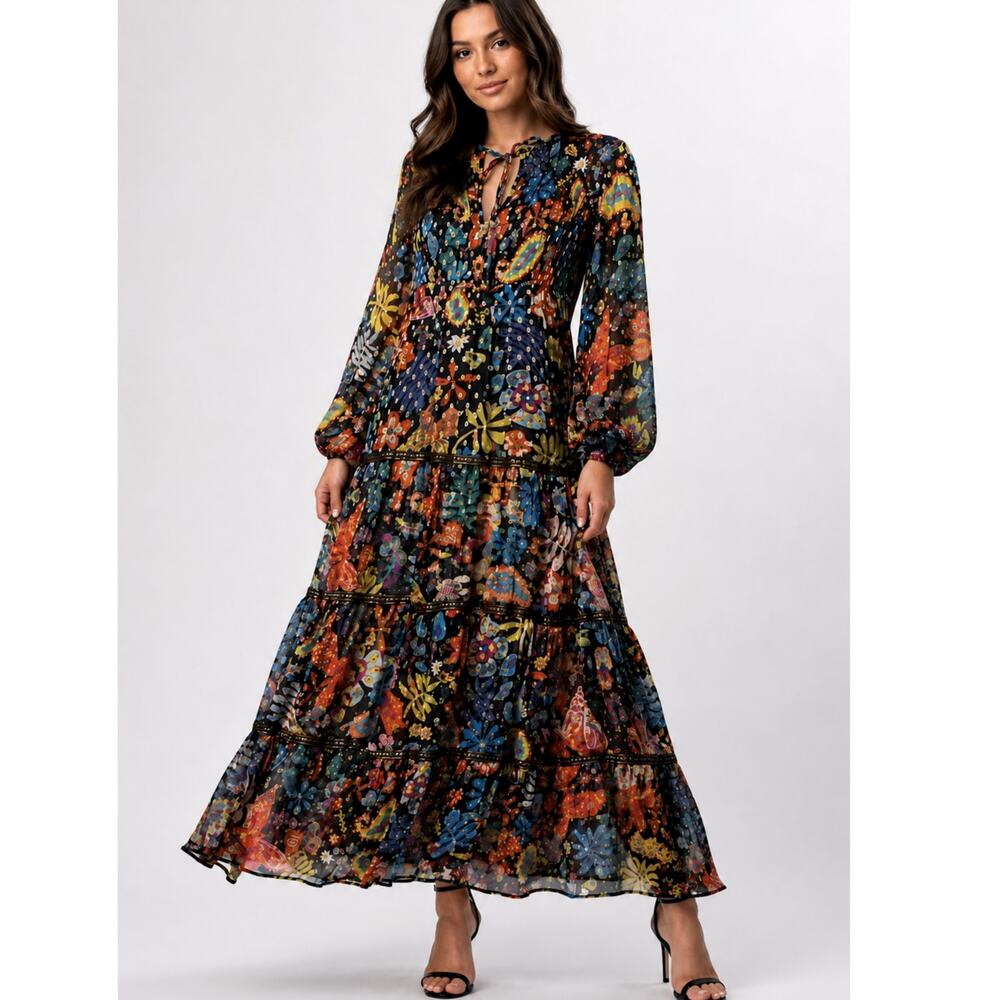 RIXO LONDON Long Flowy Midi Maxi Dress US 2 Lori Dress Woodstock Print Floral